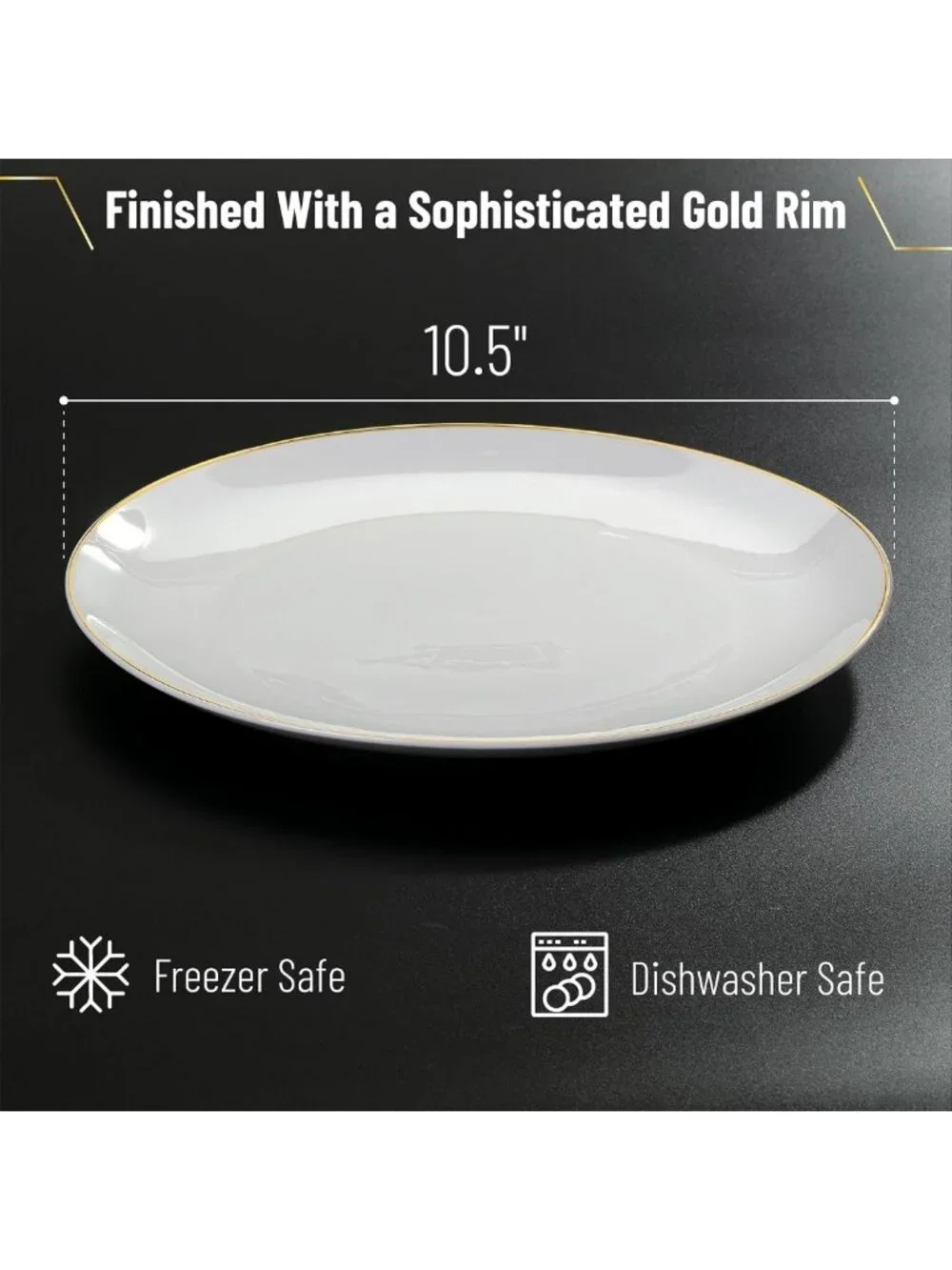Elegant White Porcelain Dinner Plates Set of 6 with Gold Rim, 10.5